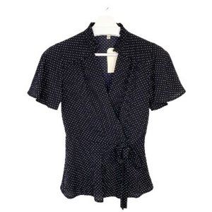 MONTEAU Black Polka Dot Faux Wrap Blouse S NWT